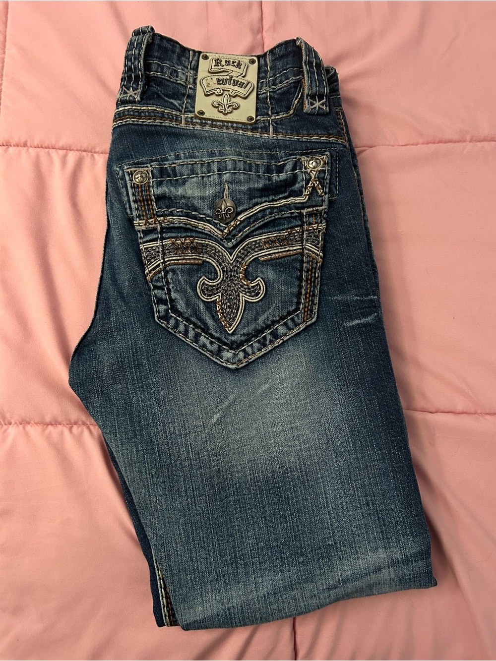 Rock Revival Dark Blue Boot Cut Jeans with Embroidered Back Pockets